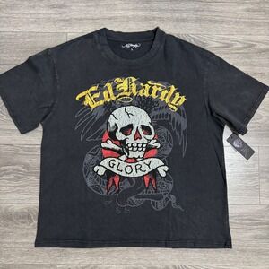 Ed Hardy Mens Rhinestone Skull Glory Graphic T-Shirt Vintage Black Size L Skater